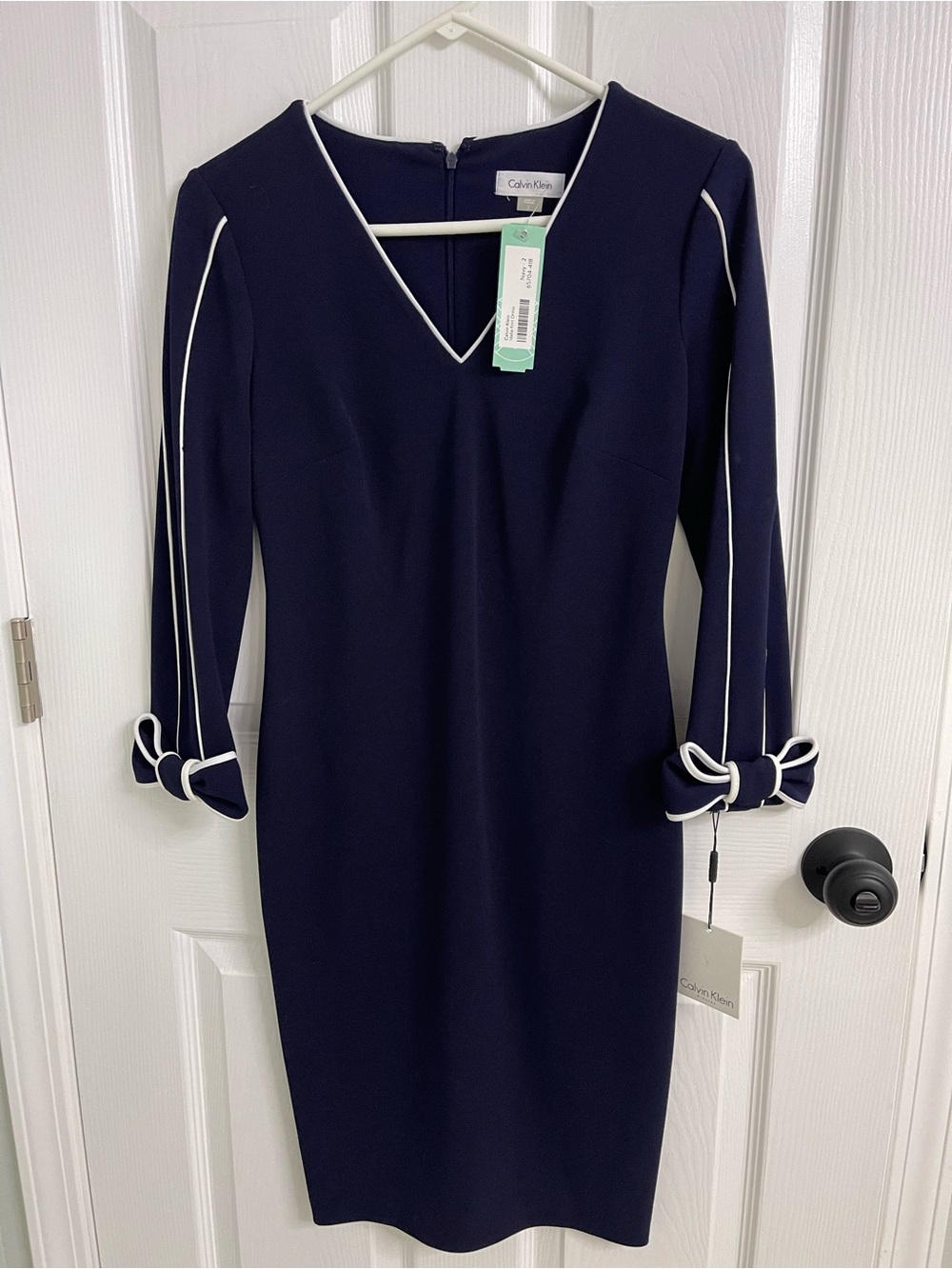 Calvin Klein Navy Midi Sheath Dress with White Piping